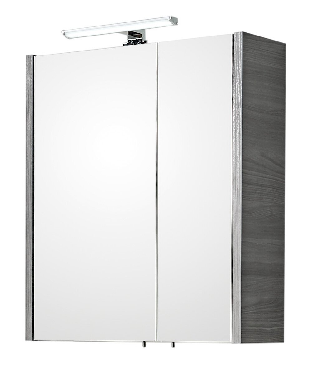 Moderner Spiegelschrank mit zwei Türen und integrierter Beleuchtung, seitliche Perspektive