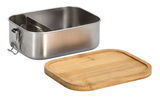 Edelstahl-Lunchbox mit Clipverschluss und abnehmbarem Bambusdeckel, seitliche Perspektive