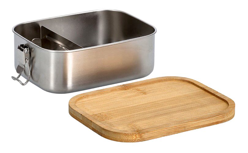 Zeller Present Lunch Box m. Clipverschluss Edelstahl-Lunchbox mit Clipverschluss und abnehmbarem Bambusdeckel, seitliche Perspektive