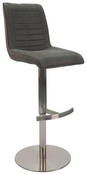 Moderner Barstuhl mit grauem Polstersitz und verchromtem Fuß, seitliche Perspektive