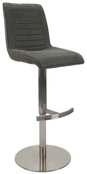 Moderner Barstuhl mit grauem Polstersitz und verchromtem Fuß, seitliche Perspektive