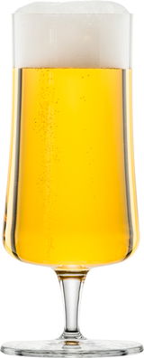 Pilsglas mit goldenem Bier und Schaumkrone, frontale Ansicht