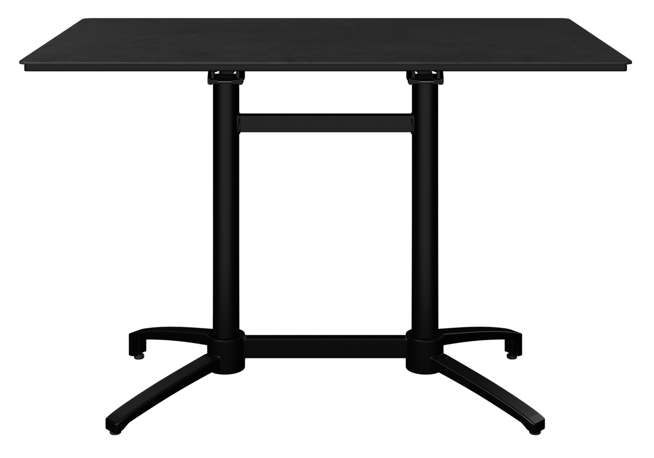 Schwarzer Bistrotisch mit quadratischer Tischplatte und stabilen Metallbeinen, Frontalansicht.