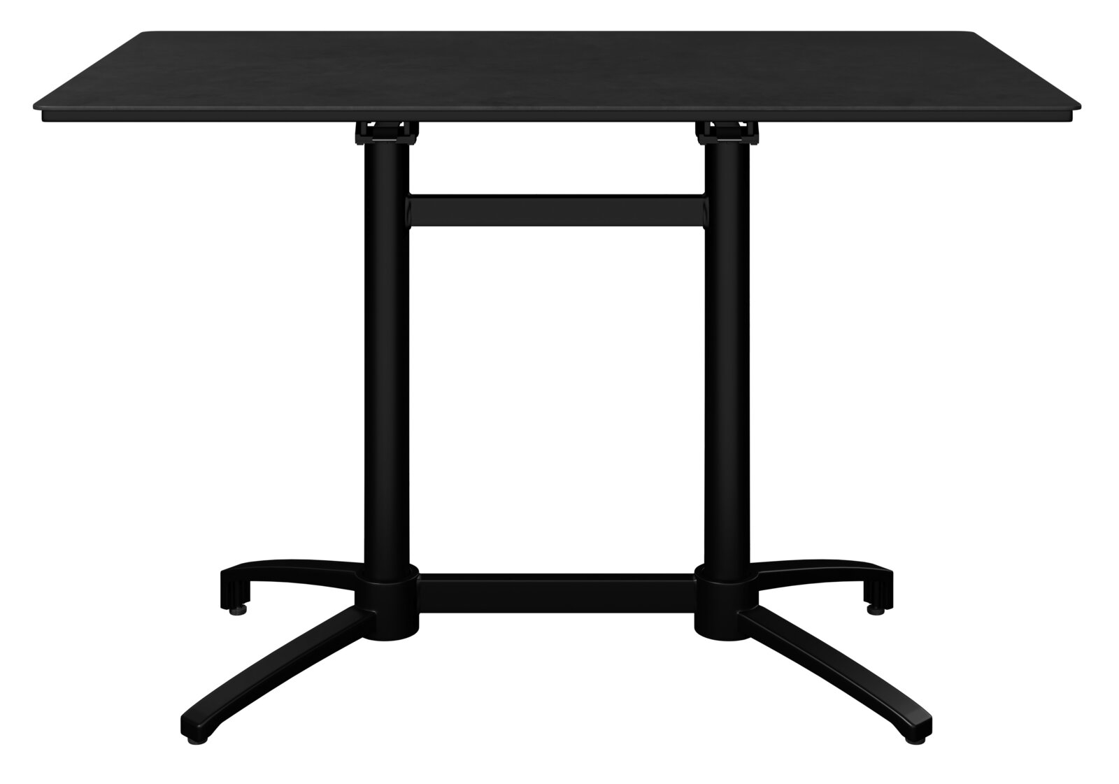Schwarzer Bistrotisch mit quadratischer Tischplatte und stabilen Metallbeinen, Frontalansicht.