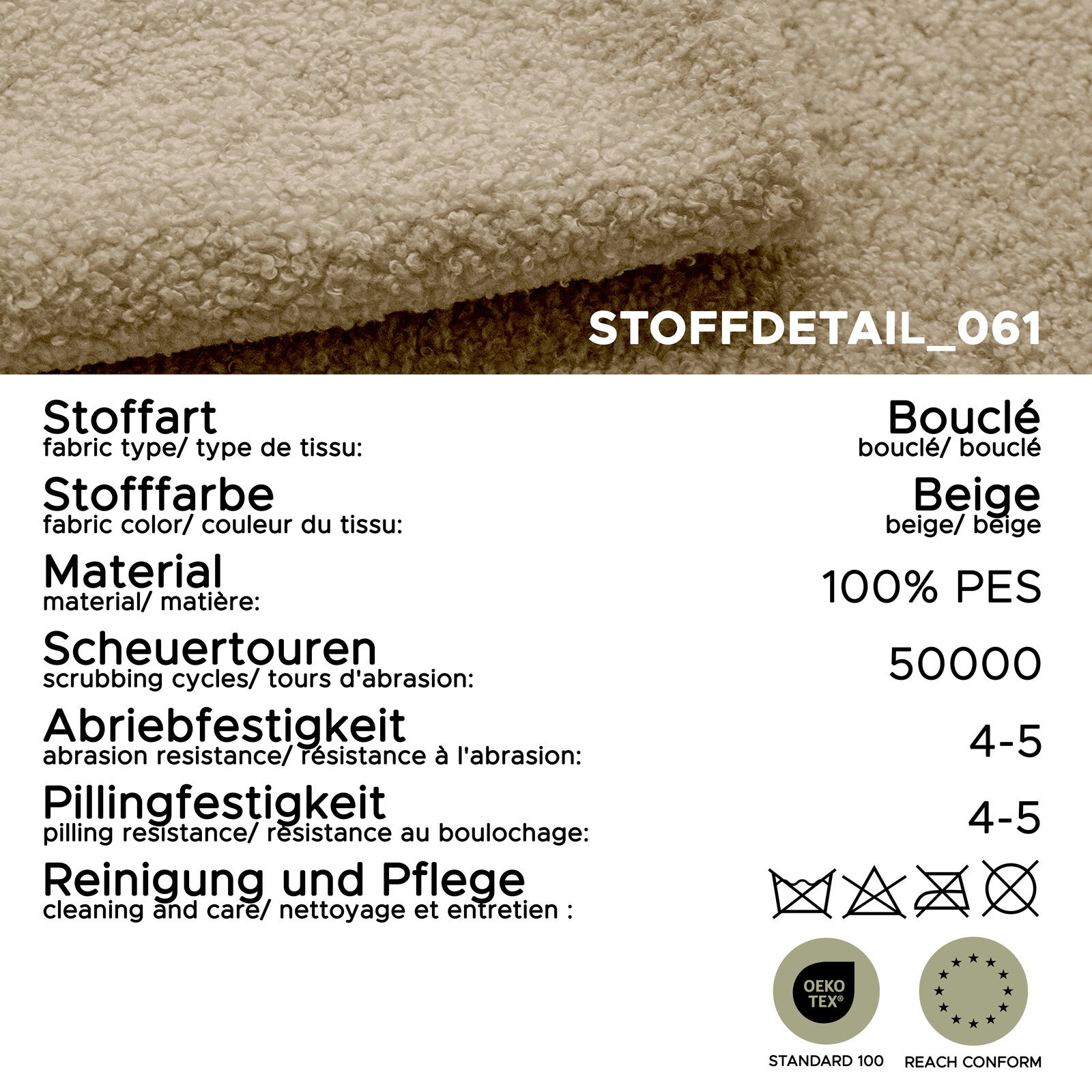 Nahaufnahme/Detailansicht von beigem Bouclé-Polsterstoff (100% PES) mit Stoffdaten: 50.000 Scheuertouren, Abriebfestigkeit 4–5, Pillingfestigkeit 4–5, Pflegehinweise sowie OEKO-TEX Standard 100 und REACH-konform.