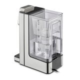 Seitliche Ansicht eines modernen Heißwasserspenders mit transparentem Wassertank und Edelstahlgehäuse.