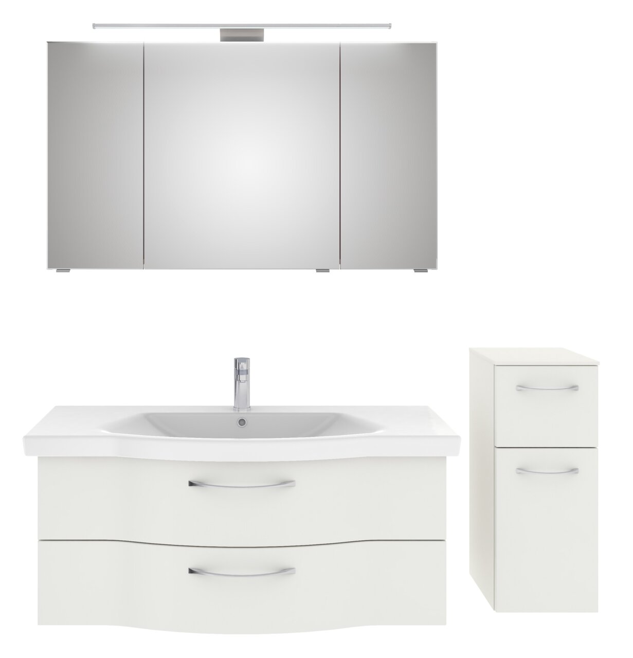 Badezimmermöbel-Set bestehend aus einem großen Spiegelschrank mit Beleuchtung, einem Waschbeckenunterschrank mit zwei Schubladen und einem schmalen Hochschrank, frontal abgebildet.