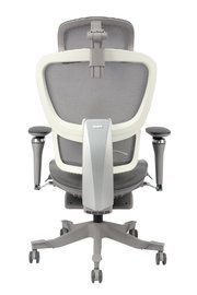 Rückansicht eines modernen grauen Drehstuhls mit ergonomischer Rückenlehne und verstellbaren Armlehnen.