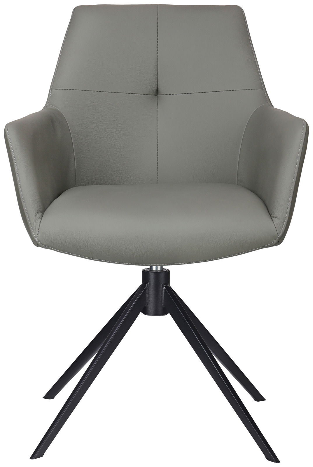 Moderner Armlehnstuhl in grauem Leder mit schwarzem Metallgestell, Frontalansicht