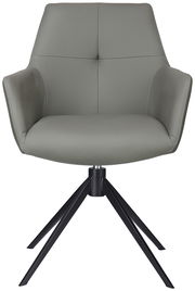 Moderner Armlehnstuhl in grauem Leder mit schwarzem Metallgestell, Frontalansicht