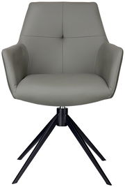 Moderner Armlehnstuhl in grauem Leder mit schwarzem Metallgestell, Frontalansicht