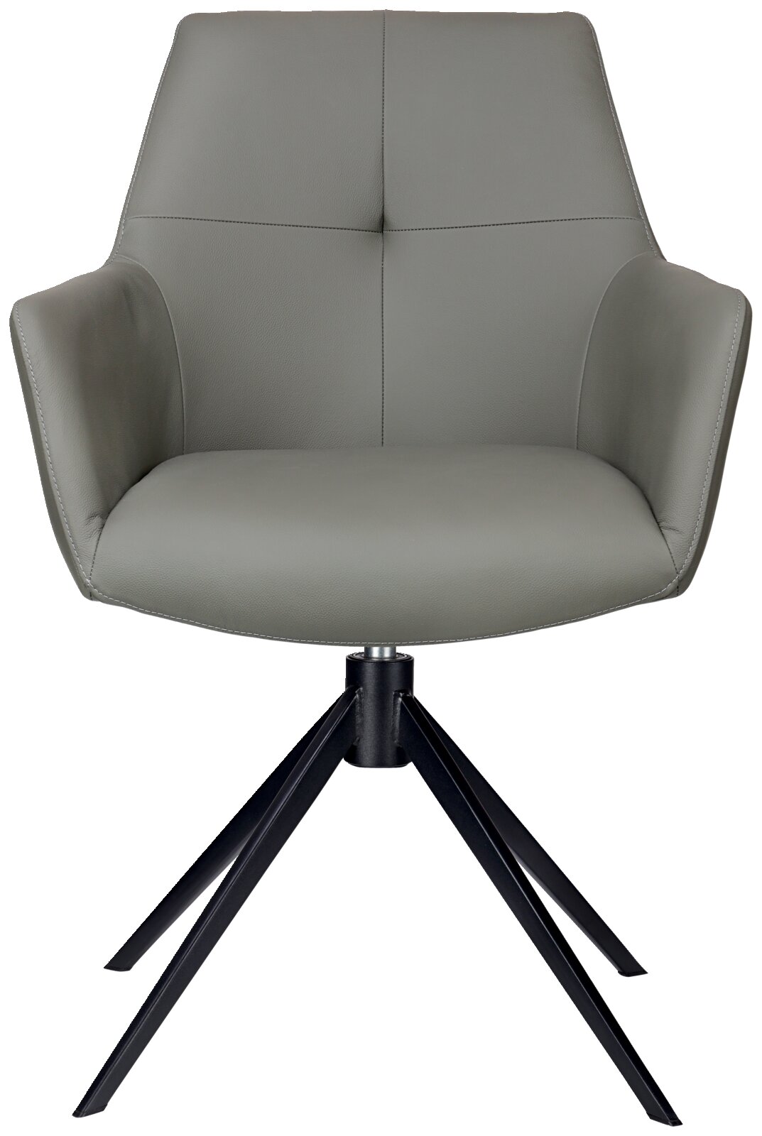 Moderne fauteuil van grijs leer met een zwart metalen frame, vooraanzicht
