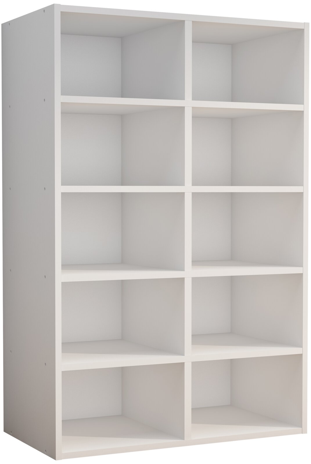 Weißes Regal mit 10 offenen Fächern in schlichtem Design, schräg von vorne links in leichter Aufsicht fotografiert