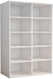 Weißes Regal mit 10 offenen Fächern in schlichtem Design, schräg von vorne links in leichter Aufsicht fotografiert