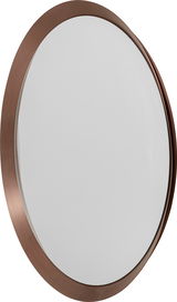 Runder Wandspiegel mit einem breiten, bronzefarbenen Rahmen, aus einer leicht seitlichen Perspektive fotografiert.