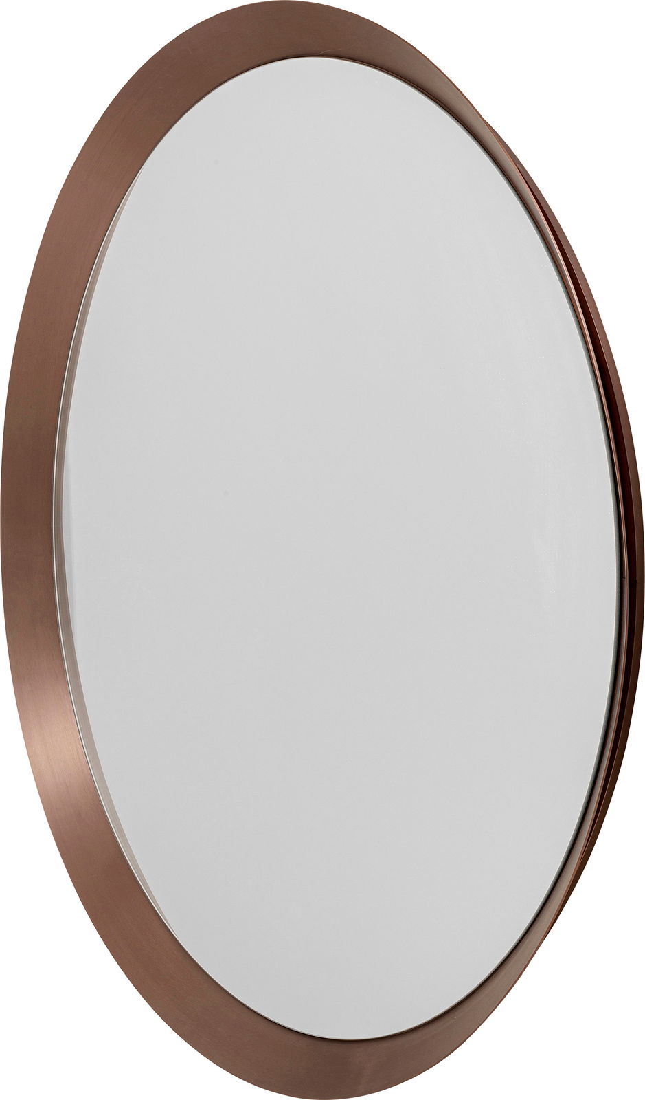 Runder Wandspiegel mit einem breiten, bronzefarbenen Rahmen, aus einer leicht seitlichen Perspektive fotografiert.