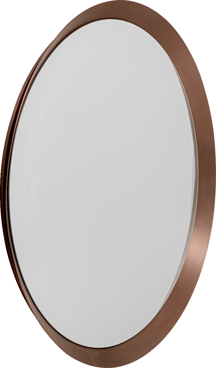 Runder Wandspiegel mit einem breiten, bronzefarbenen Rahmen, aus einer leicht seitlichen Perspektive fotografiert.