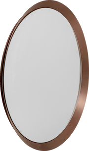 Runder Wandspiegel mit einem breiten, bronzefarbenen Rahmen, aus einer leicht seitlichen Perspektive fotografiert.