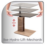 Beistelltisch mit Ilse-Hydro-Lift-Mechanik, seitliche Perspektive, zeigt verstellbare Tischplatte