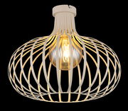 Moderne Deckenleuchte mit filigranem, weißem Gitterdesign und sichtbarer Glühbirne, seitliche Perspektive