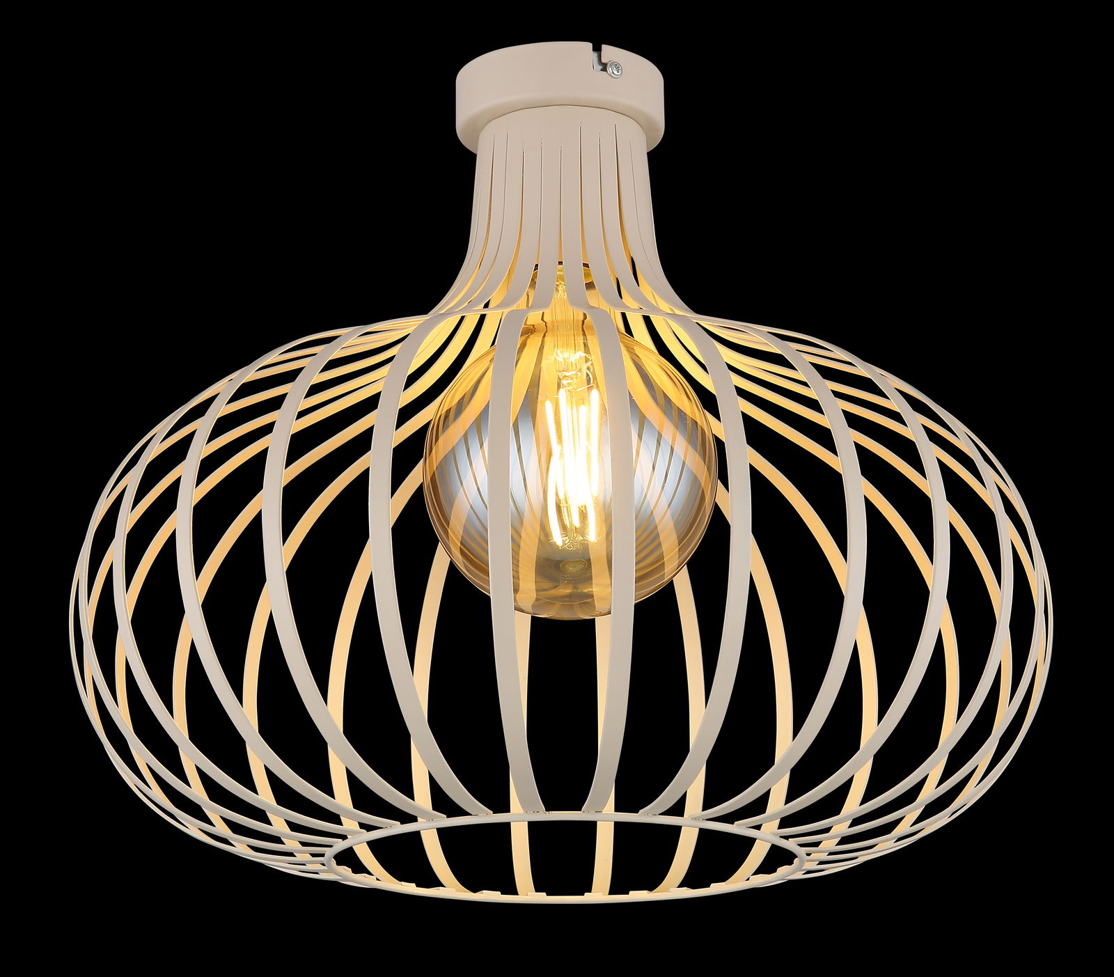 Moderne Deckenleuchte mit filigranem, weißem Gitterdesign und sichtbarer Glühbirne, seitliche Perspektive