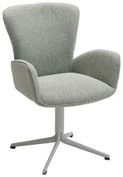 Grauer Armlehnstuhl mit Stoffbezug und vierbeinigem Metallgestell, seitliche Perspektive