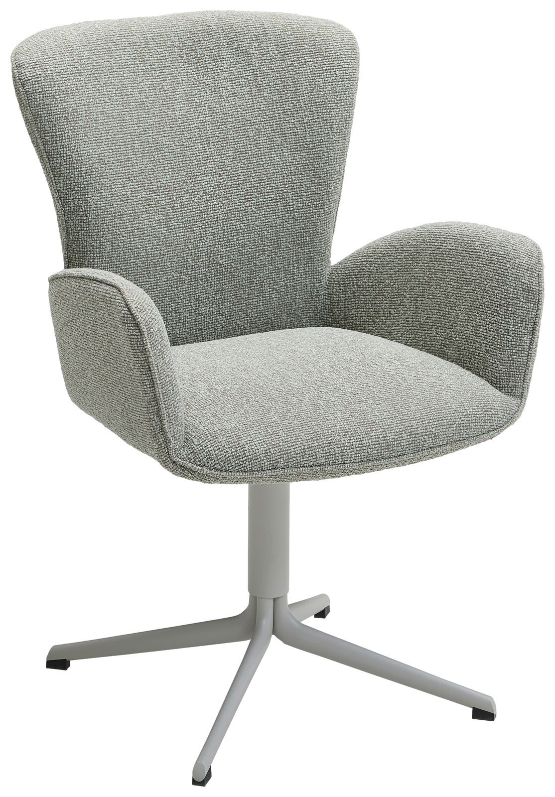 Grauer Armlehnstuhl mit Stoffbezug und vierbeinigem Metallgestell, seitliche Perspektive