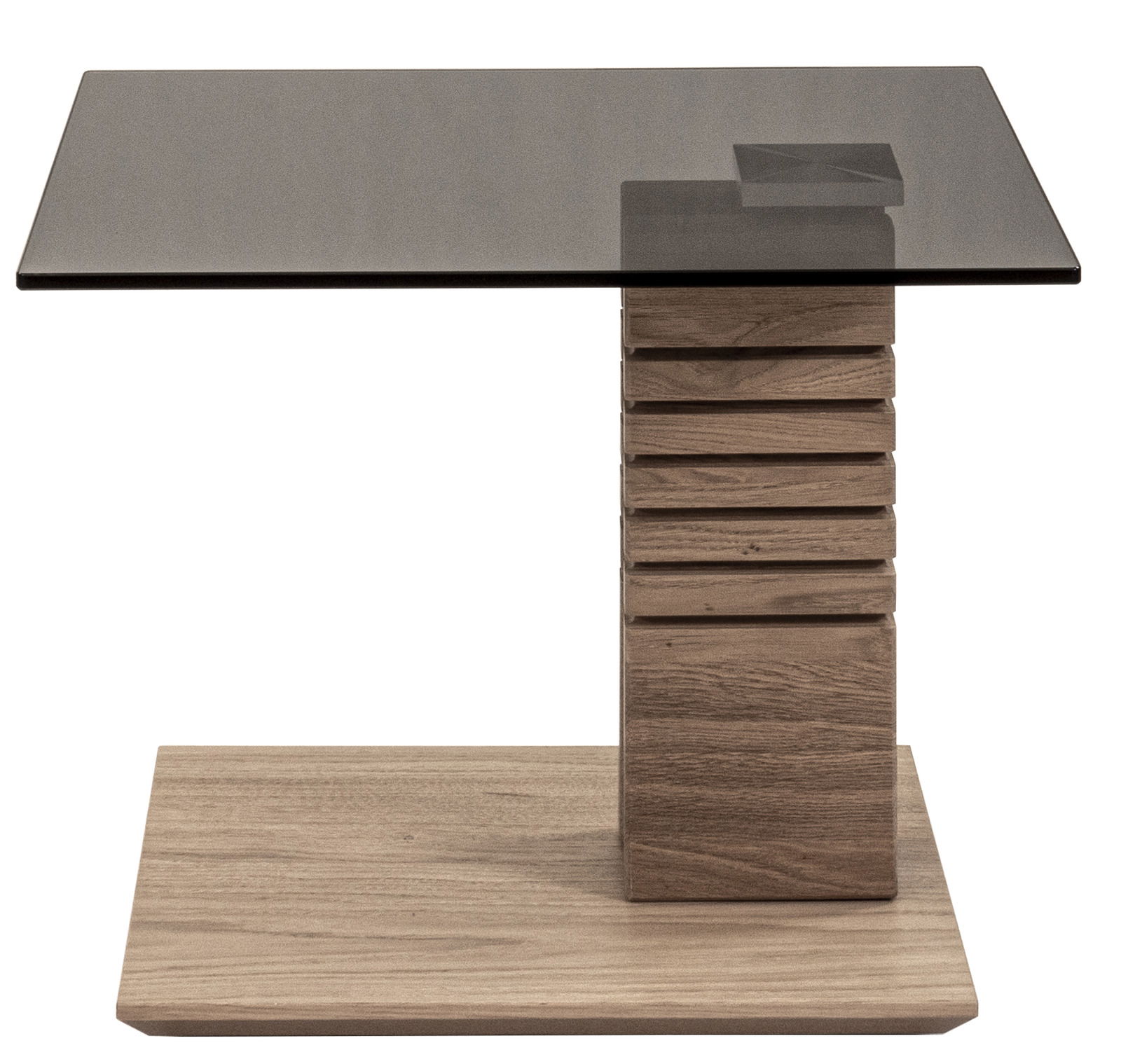Moderner Beistelltisch mit Glasplatte und Holzsäule, seitliche Perspektive