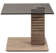 Moderner Beistelltisch mit Glasplatte und Holzsäule, seitliche Perspektive