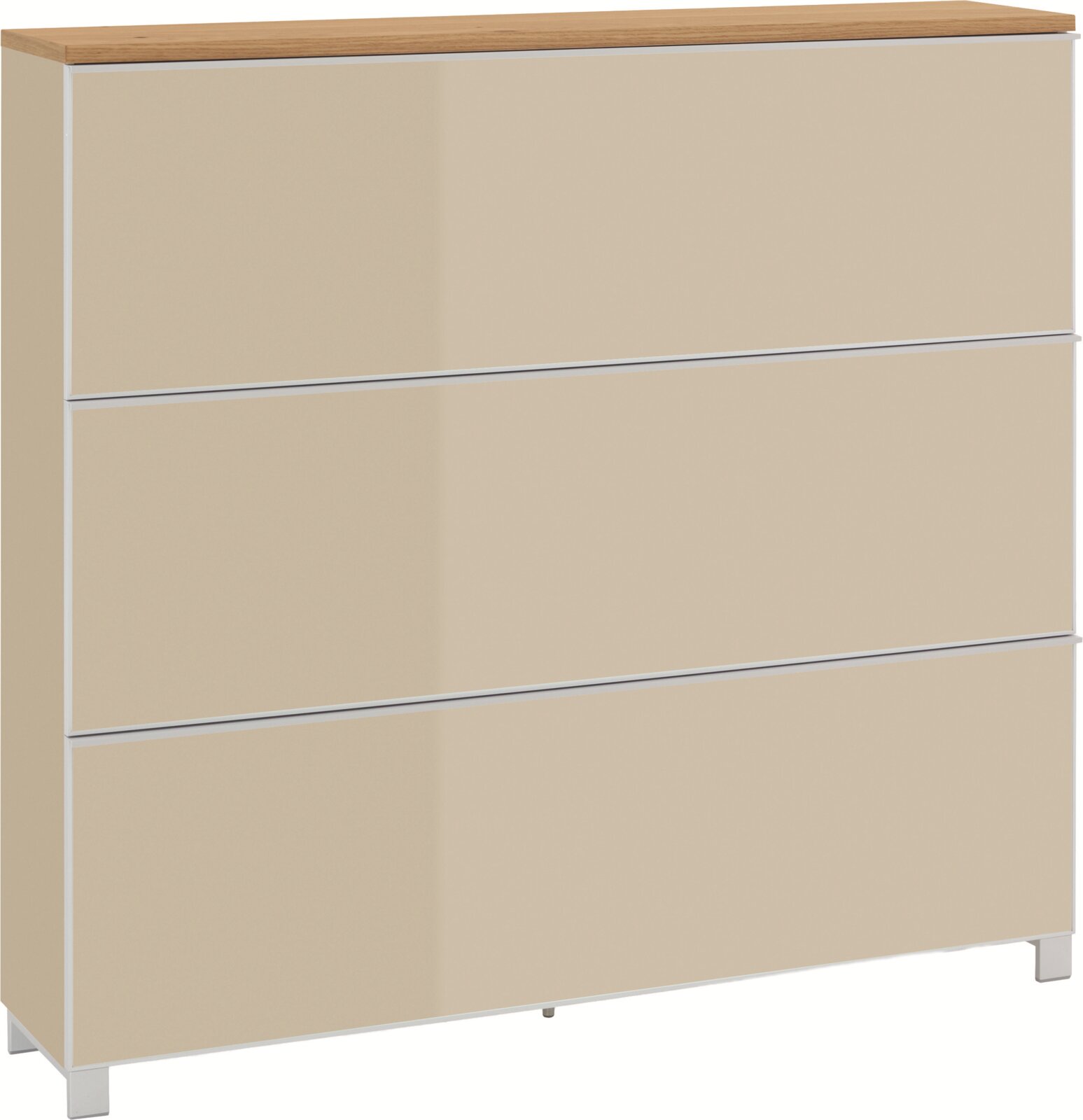 VOSS XXL-Schuhschrank VORTINA Moderne Kommode mit drei breiten Schubladen, beigefarbenen Fronten und Holzplatte, auf Metallfüßen, in schräger Frontansicht freigestellt auf weißem Hintergrund