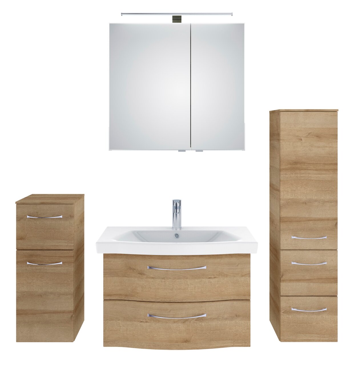 Badblock-Set aus Holzoptik mit Waschbecken, Spiegelschrank und zwei Schränken, frontale Ansicht