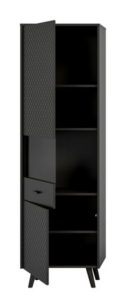 Schwarze Vitrine mit geöffneten Türen und Schublade, Frontansicht