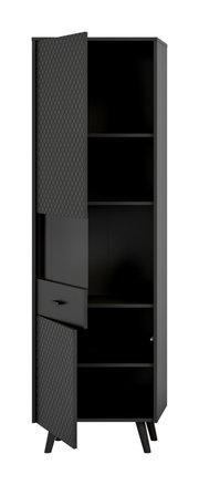 Schwarze Vitrine mit geöffneten Türen und Schublade, Frontansicht