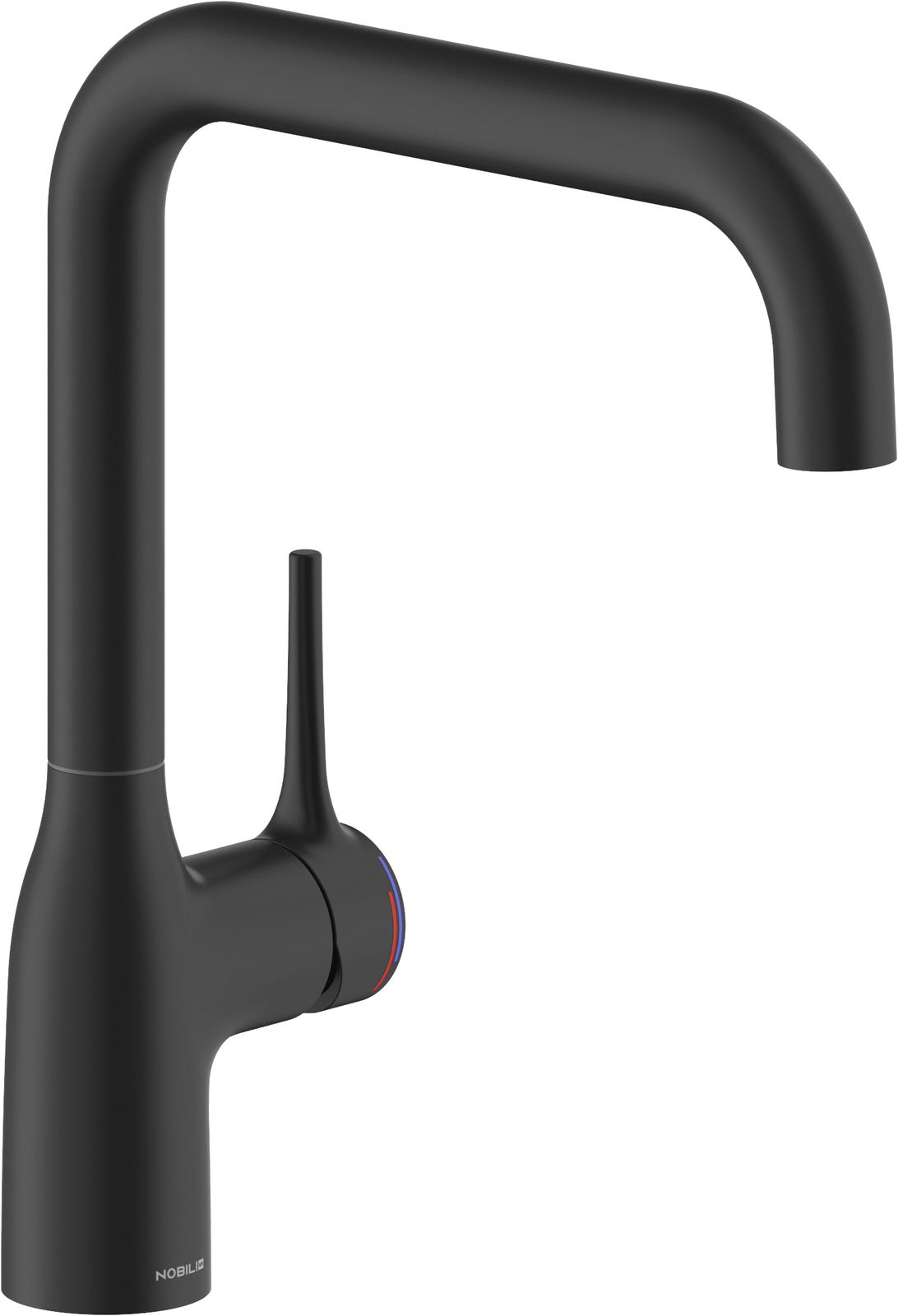 Schwarzer Einhebelmischer mit modernem Design, seitliche Ansicht