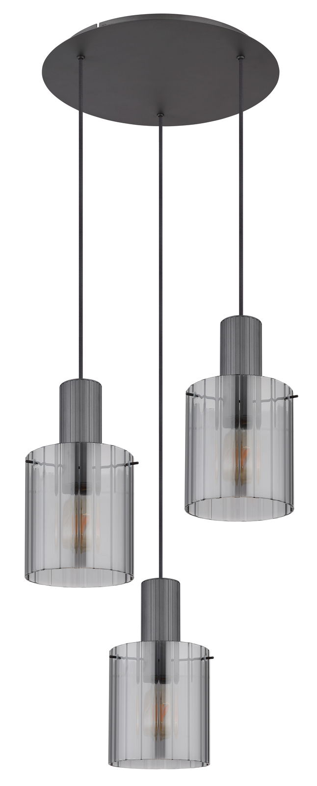 Moderne Hängeleuchte TULIVAR mit drei zylindrischen, rauchgrauen Glasschirmen, von unten betrachtet.