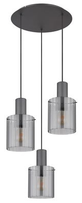 Moderne Hängeleuchte TULIVAR mit drei zylindrischen, rauchgrauen Glasschirmen, von unten betrachtet.