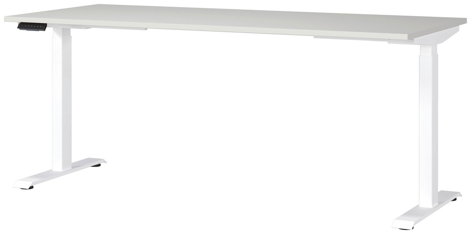 Moderner weißer E-Schreibtisch mit rechteckiger Tischplatte und höhenverstellbaren Beinen, seitliche Perspektive