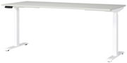 Moderner weißer E-Schreibtisch mit rechteckiger Tischplatte und höhenverstellbaren Beinen, seitliche Perspektive