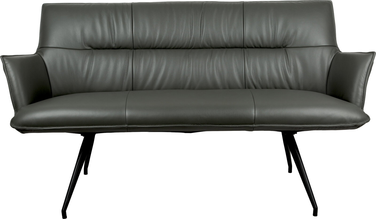 Dunkelgraues 3-Sitzer-Sofa mit Lederoptik, gepolsterter Rückenlehne und schwarzen Metallbeinen, Frontansicht
