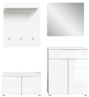 Garderobenkombination in Weiß, bestehend aus einem Wandpaneel mit Haken und Ablage, einem quadratischen Spiegel, einer niedrigen Kommode und einem hohen Schrank, frontal abgebildet.