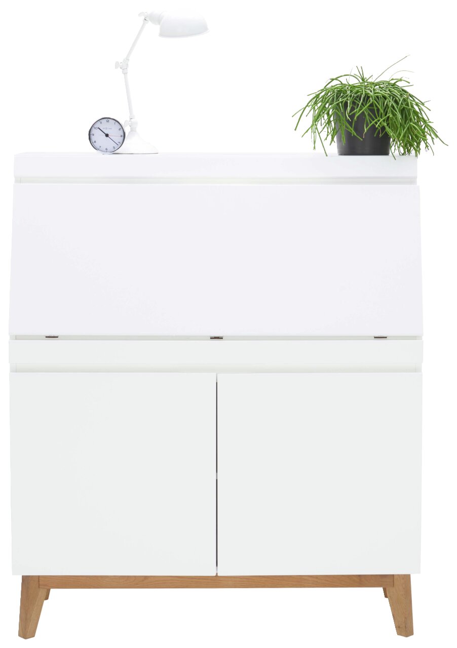 Moderner weißer Sekretär mit Holzbeinen, dekoriert mit einer Tischlampe und einer Pflanze, frontal betrachtet.