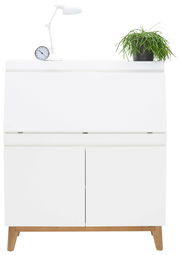 Moderner weißer Sekretär mit Holzbeinen, dekoriert mit einer Tischlampe und einer Pflanze, frontal betrachtet.
