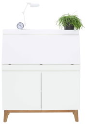Moderne witte secretaire met houten poten, versierd met een tafellamp en een plant, gezien vanaf de voorkant.