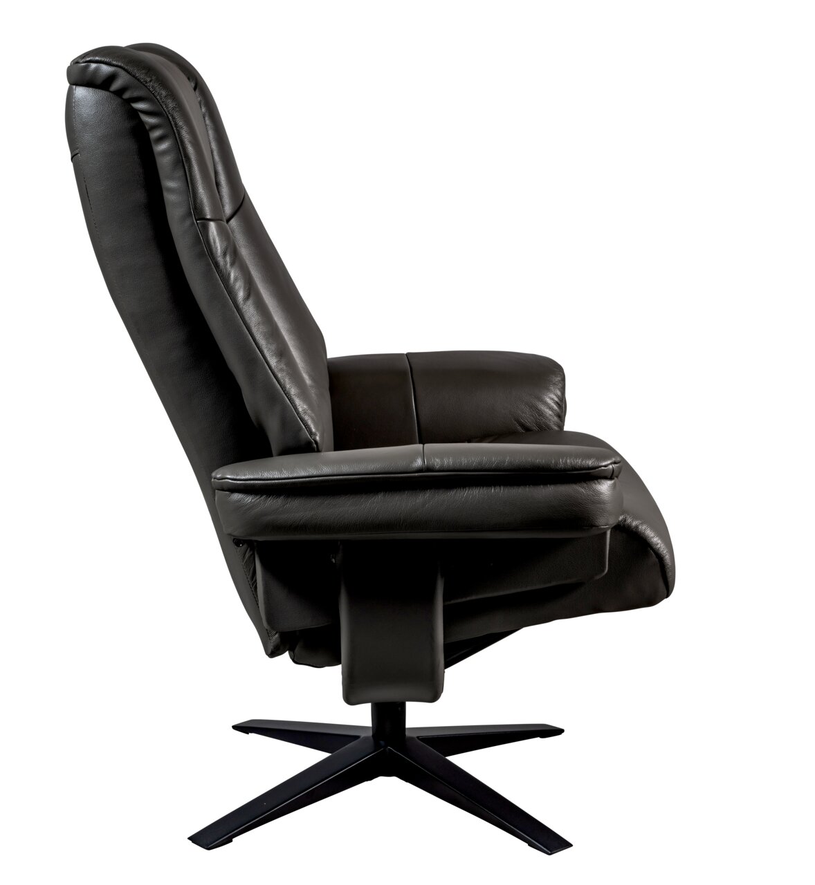 Seitliche Ansicht eines schwarzen Relaxsessels mit Hocker, modernes Design mit drehbarem Fuß.
