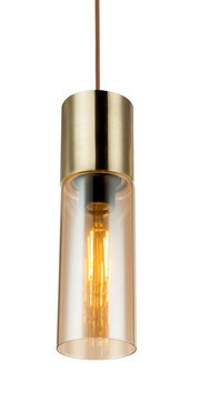 Moderne Hängeleuchte mit goldener Fassung und transparentem Glas, seitliche Perspektive