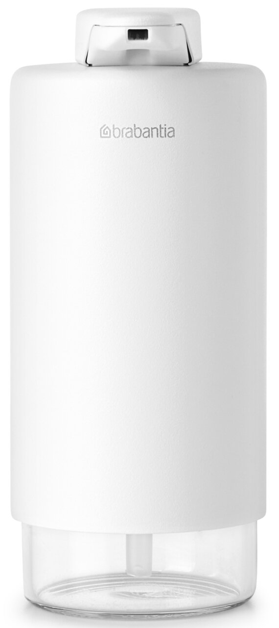 Witte Brabantia-zeepdispenser SINKSTYLE, afgebeeld van voren, met een transparant onderstuk.