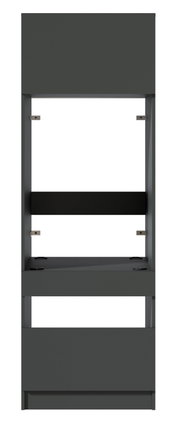 Een donkergrijs, hoog metalen frame met meerdere legplanken en bevestigingspunten, van voren gefotografeerd tegen een witte achtergrond.