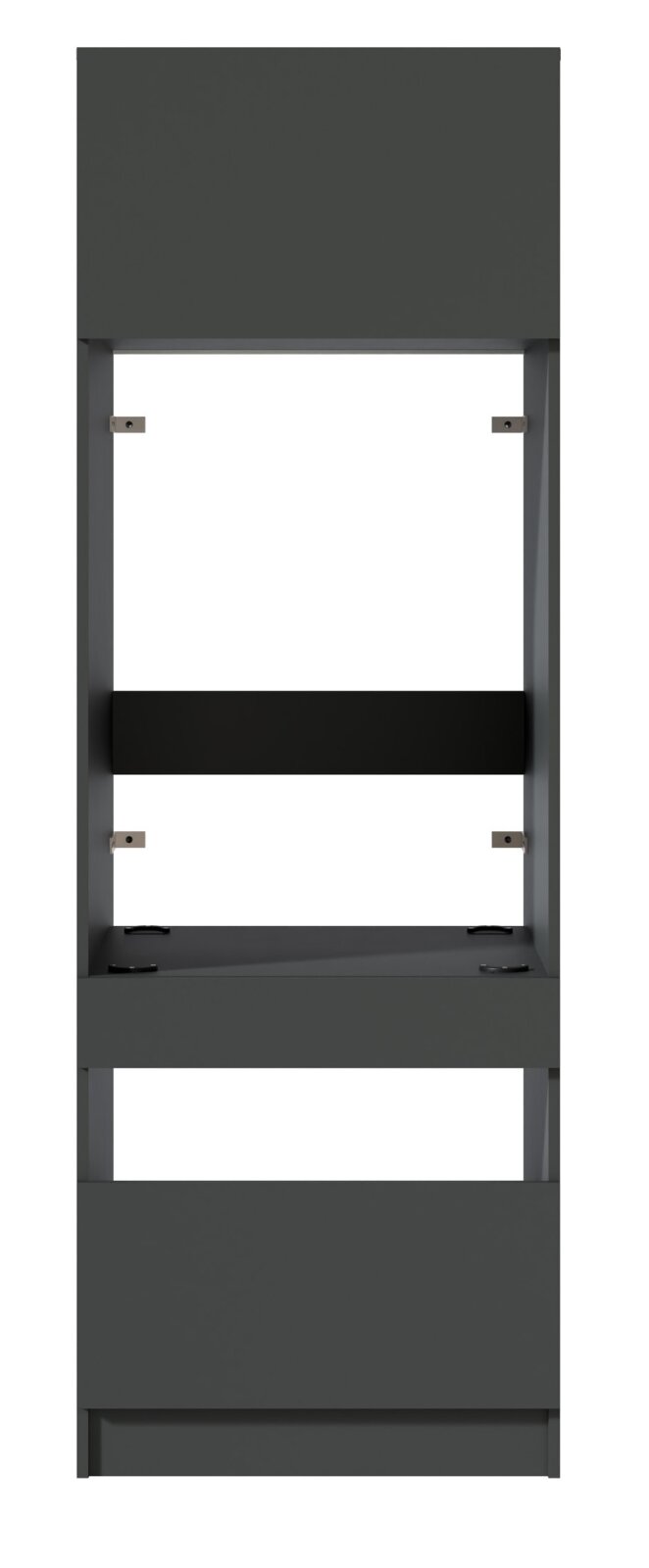 Een donkergrijs, hoog metalen frame met meerdere legplanken en bevestigingspunten, van voren gefotografeerd tegen een witte achtergrond.