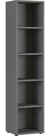 Graues Aktenregal mit fünf offenen Fächern, seitliche Perspektive