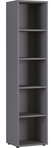 Graues Aktenregal mit fünf offenen Fächern, seitliche Perspektive